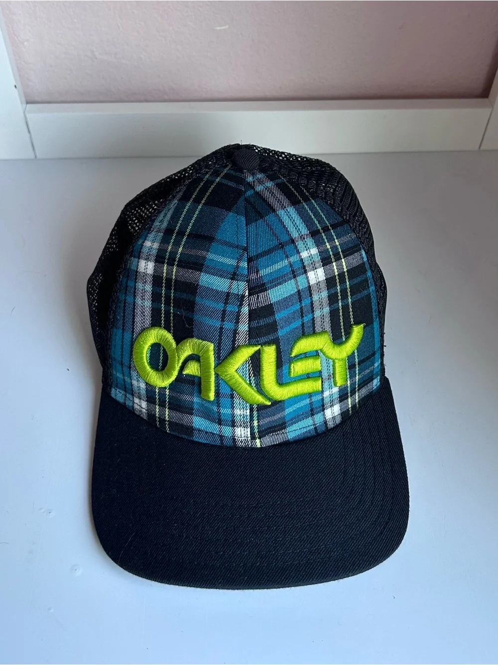 Oakley Blue Plaid Trucker Hat with Neon Green Logo